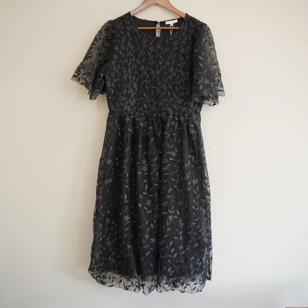 Baltic Born Kendra Embroidered Dress Black Floral Mesh Smocked Midi 1XL NEW